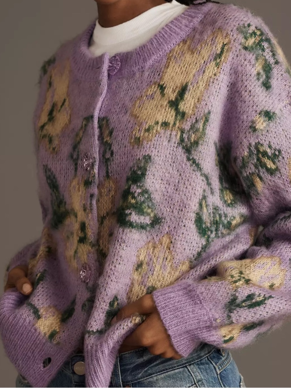 Anthropologie Greylin Lavender Printed Floral Cardigan Sweater Size M Fairycore